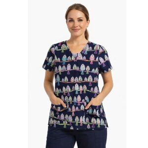 White Cross Colorful Owl Bird Print nurse nursing hospital Scrub Top shi…